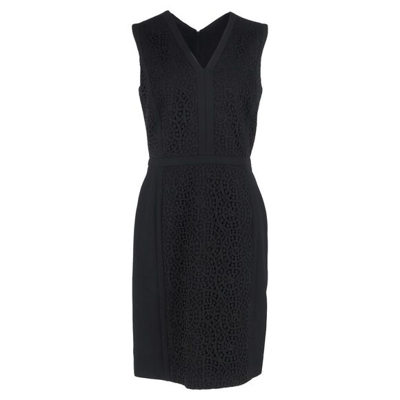 Hugo Boss Lace Detail Midi V-Neck Dress in Black Wool